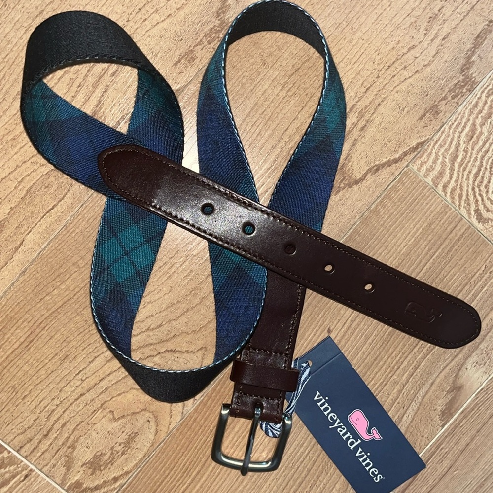 Vineyard Vines Mens Blackwatch Plaid Belt Canvas Leather Icon Preppy Golf 34 in.